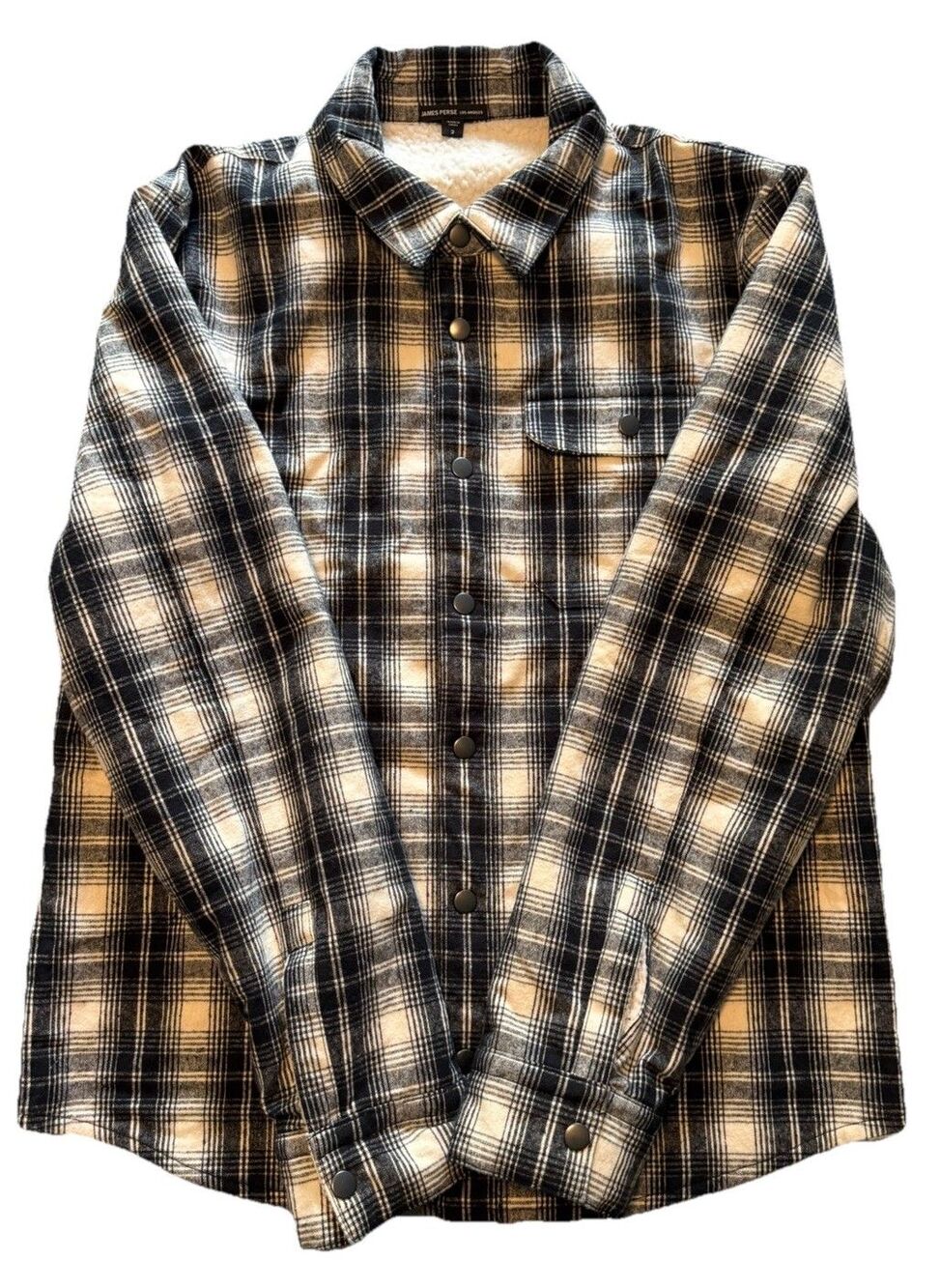 James Perse Sherpa Lined Flannel Shirt Jacket Mens Size 2 M Black Plaid Shacket